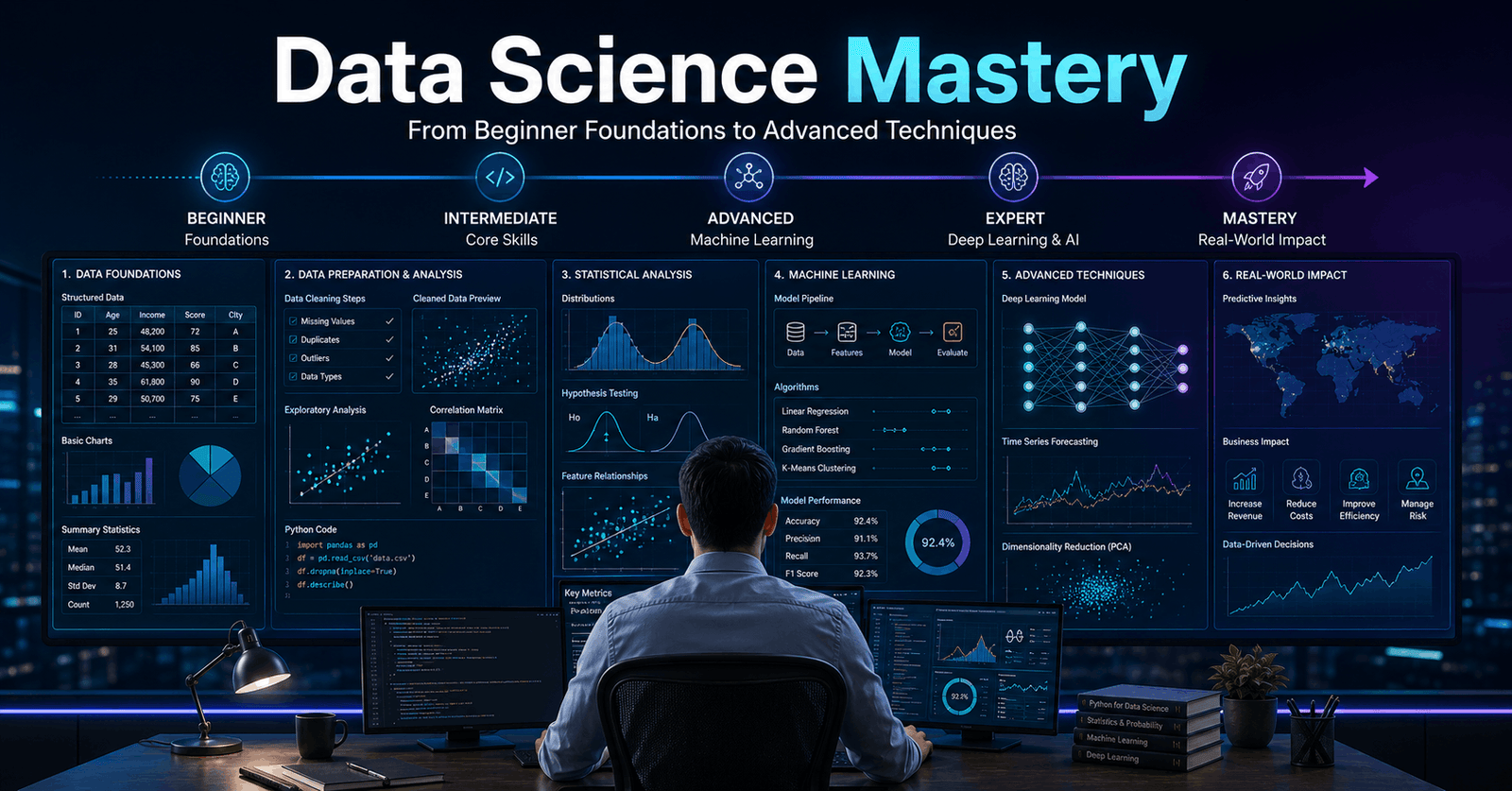 Data Science workspace with analytics dashboards, code, machine learning models and advanced data visualisations