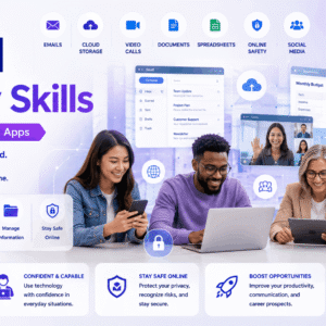 Digital Literacy Skills course showing online tools, cloud apps, email, social media and digital devices in use