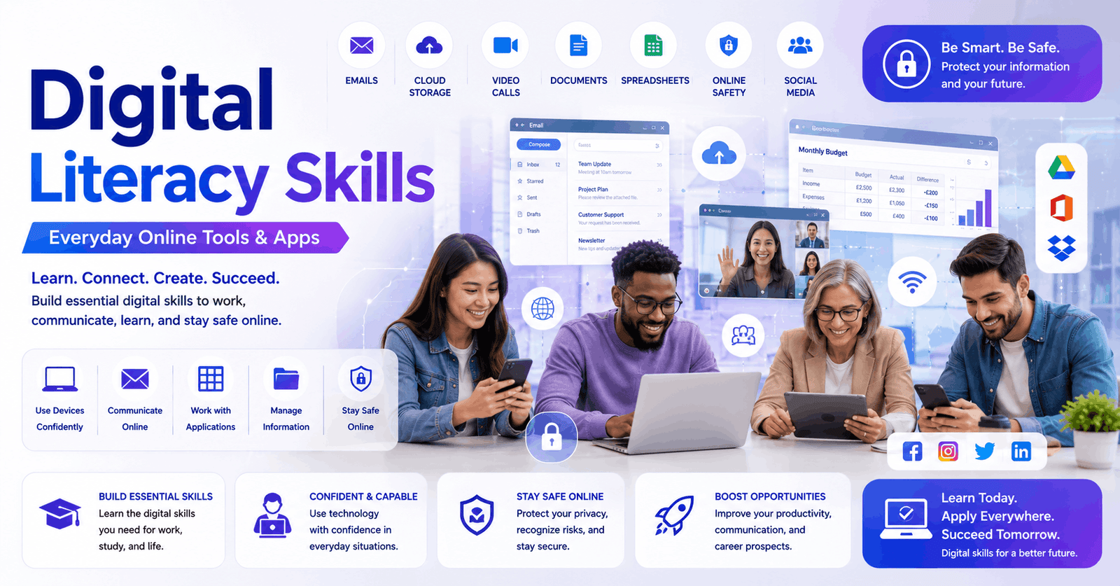 Digital Literacy Skills course showing online tools, cloud apps, email, social media and digital devices in use