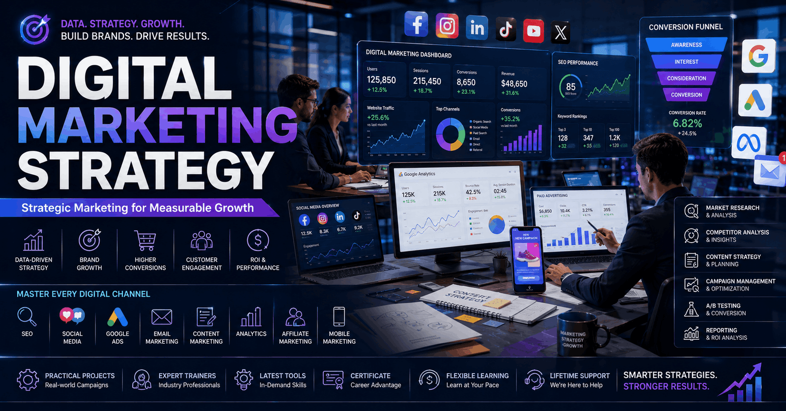 Modern workspace showing Digital Marketing Strategy with SEO analytics, social media campaigns, and paid advertising dashboards
