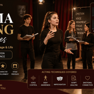 Students practicing Drama Acting Techniques with voice, movement, and character performance in a stage rehearsal setting
