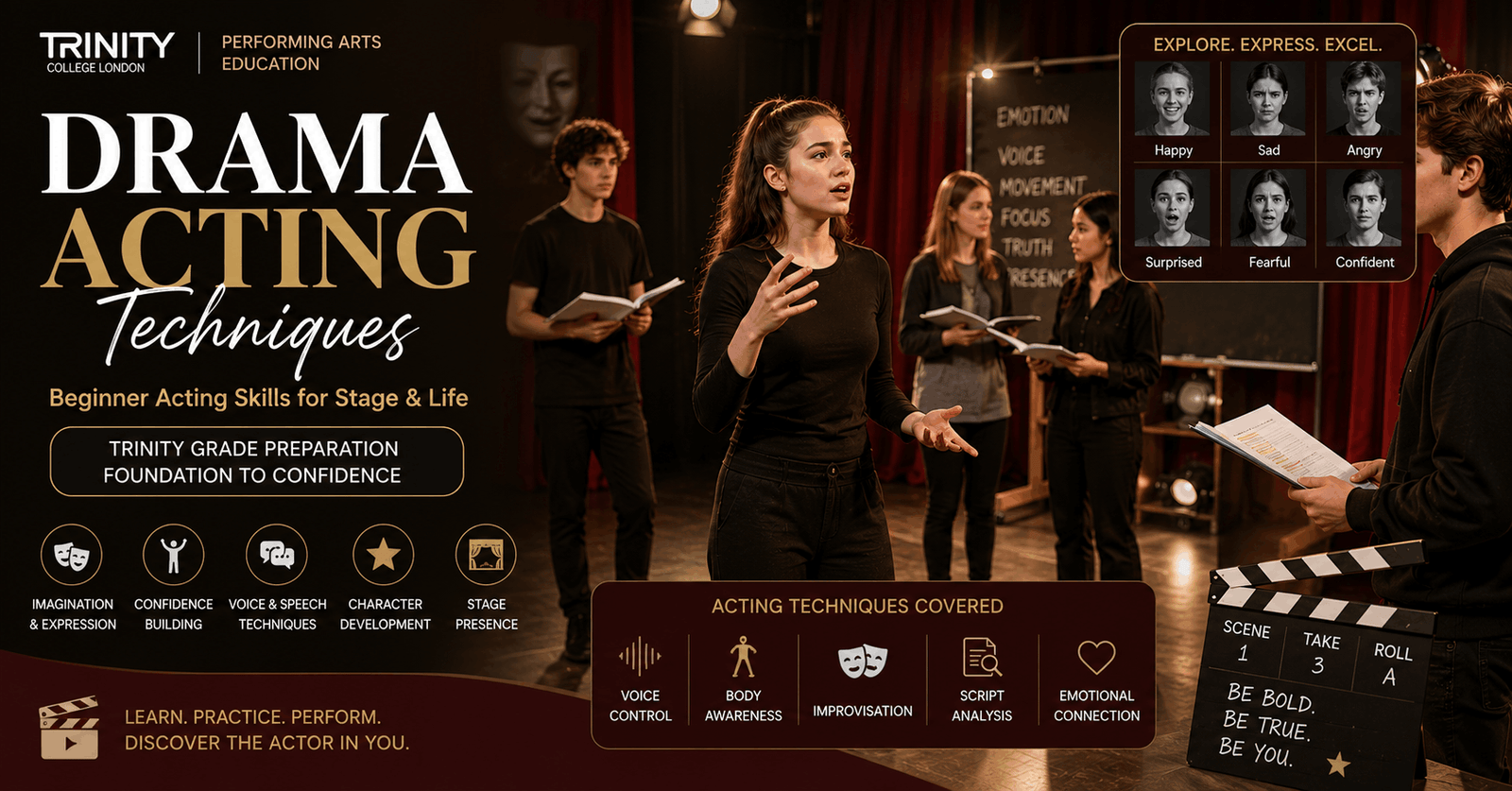 Students practicing Drama Acting Techniques with voice, movement, and character performance in a stage rehearsal setting