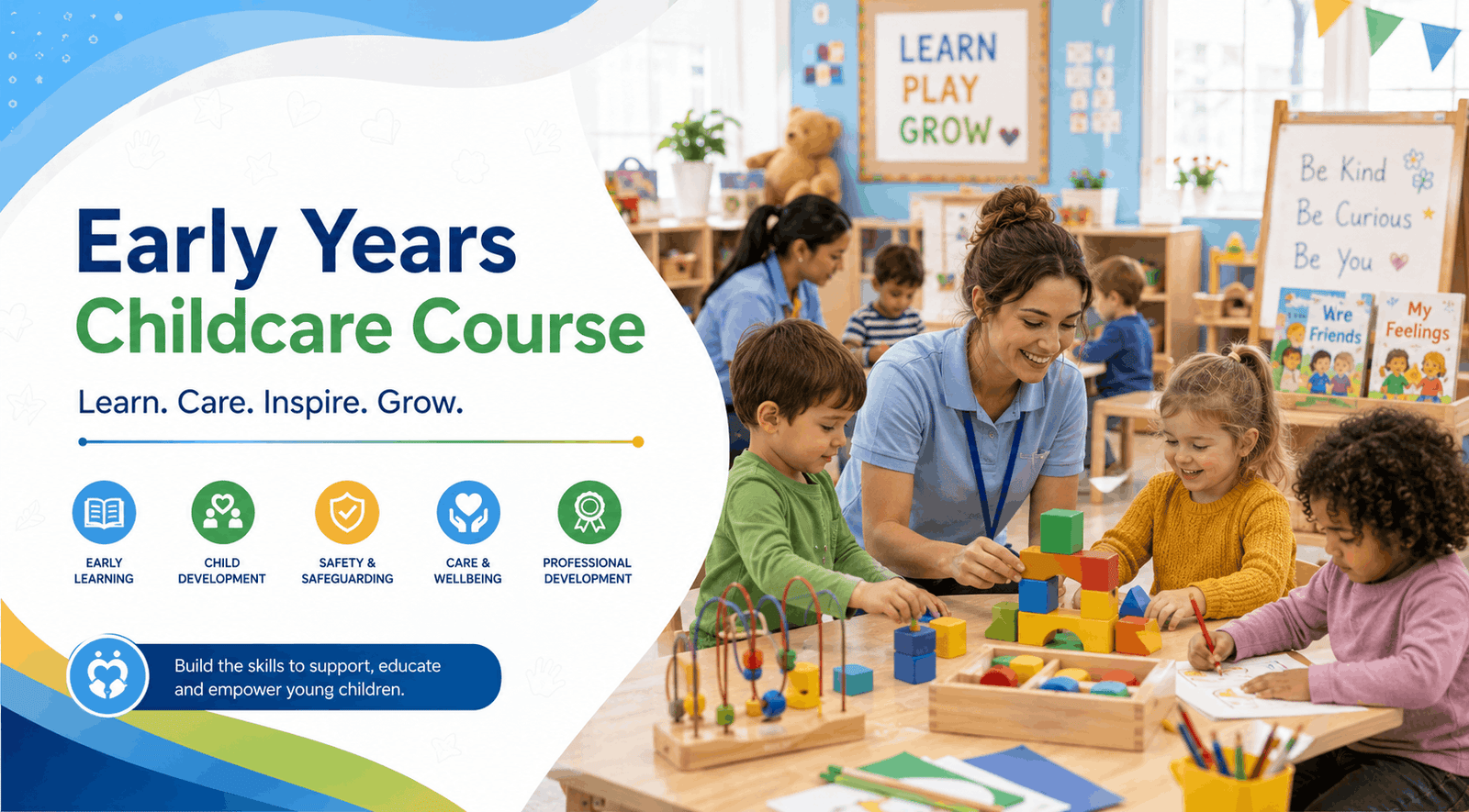 Early Years Childcare Course showing childcare professionals supporting young children in a safe learning environment
