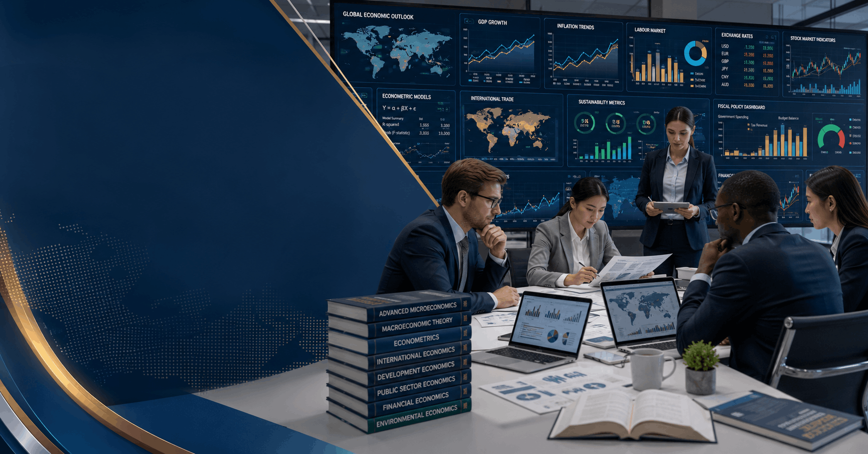 Professionals analysing economic data and forecasts in an Economics Advanced Diploma Level 8 learning environment