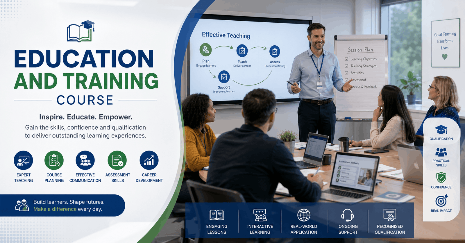 Education and Training Course showing a professional trainer delivering an engaging lesson in a modern classroom