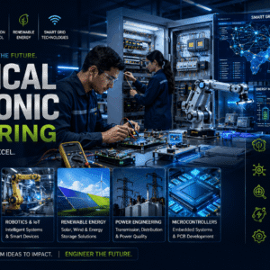 Modern lab showing Electrical Electronic Engineering with circuits, automation systems, renewable energy, and power systems