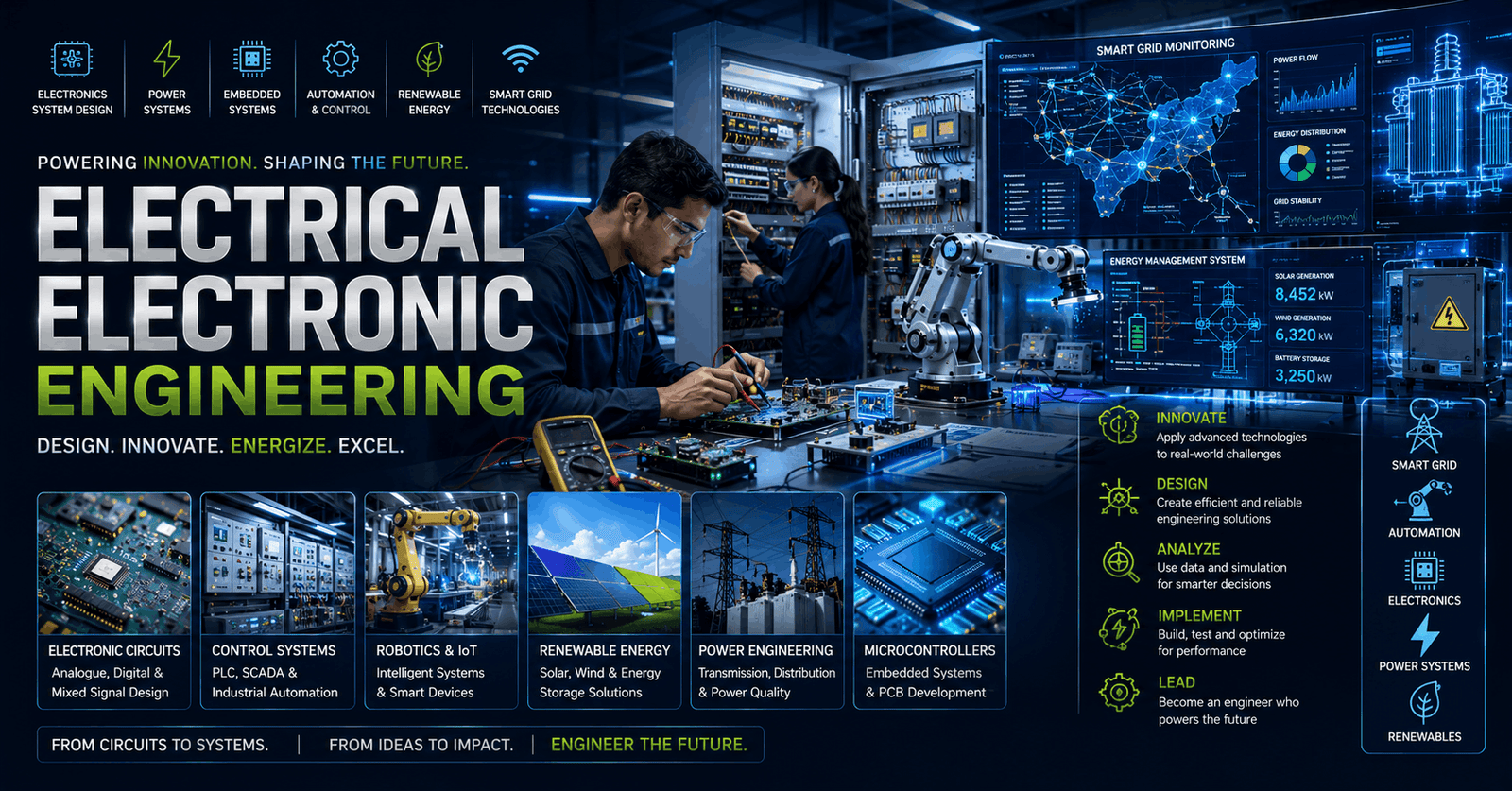 Modern lab showing Electrical Electronic Engineering with circuits, automation systems, renewable energy, and power systems