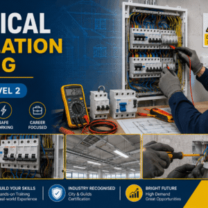 Electrical Installation Training course showing wiring, circuits, testing equipment, and electrician working safely in UK settings
