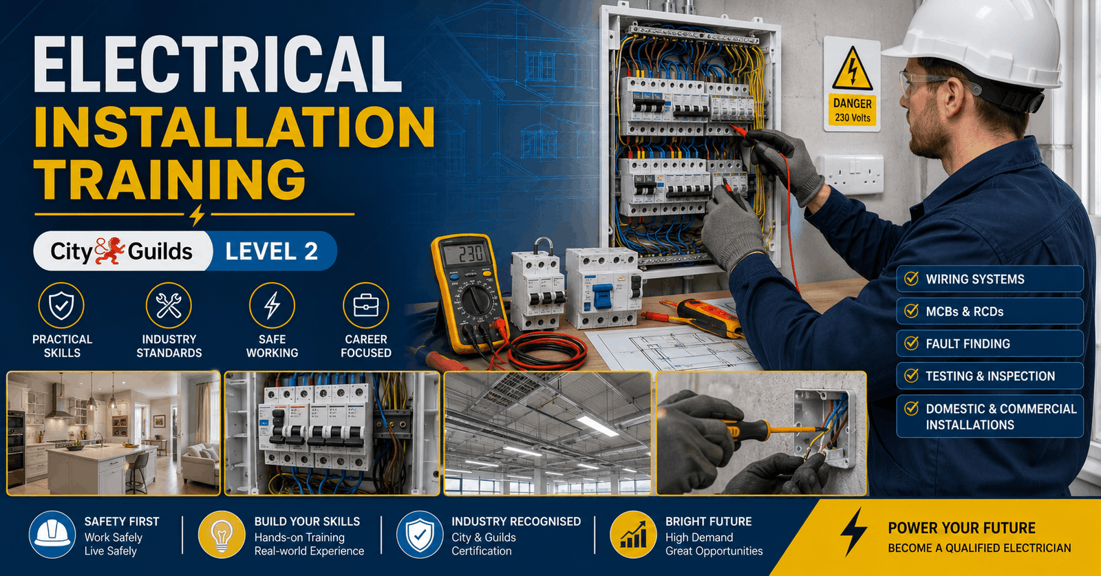 Electrical Installation Training course showing wiring, circuits, testing equipment, and electrician working safely in UK settings