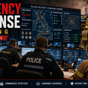 Emergency Response Training showing crisis command center, emergency teams, coordination, and disaster response operations