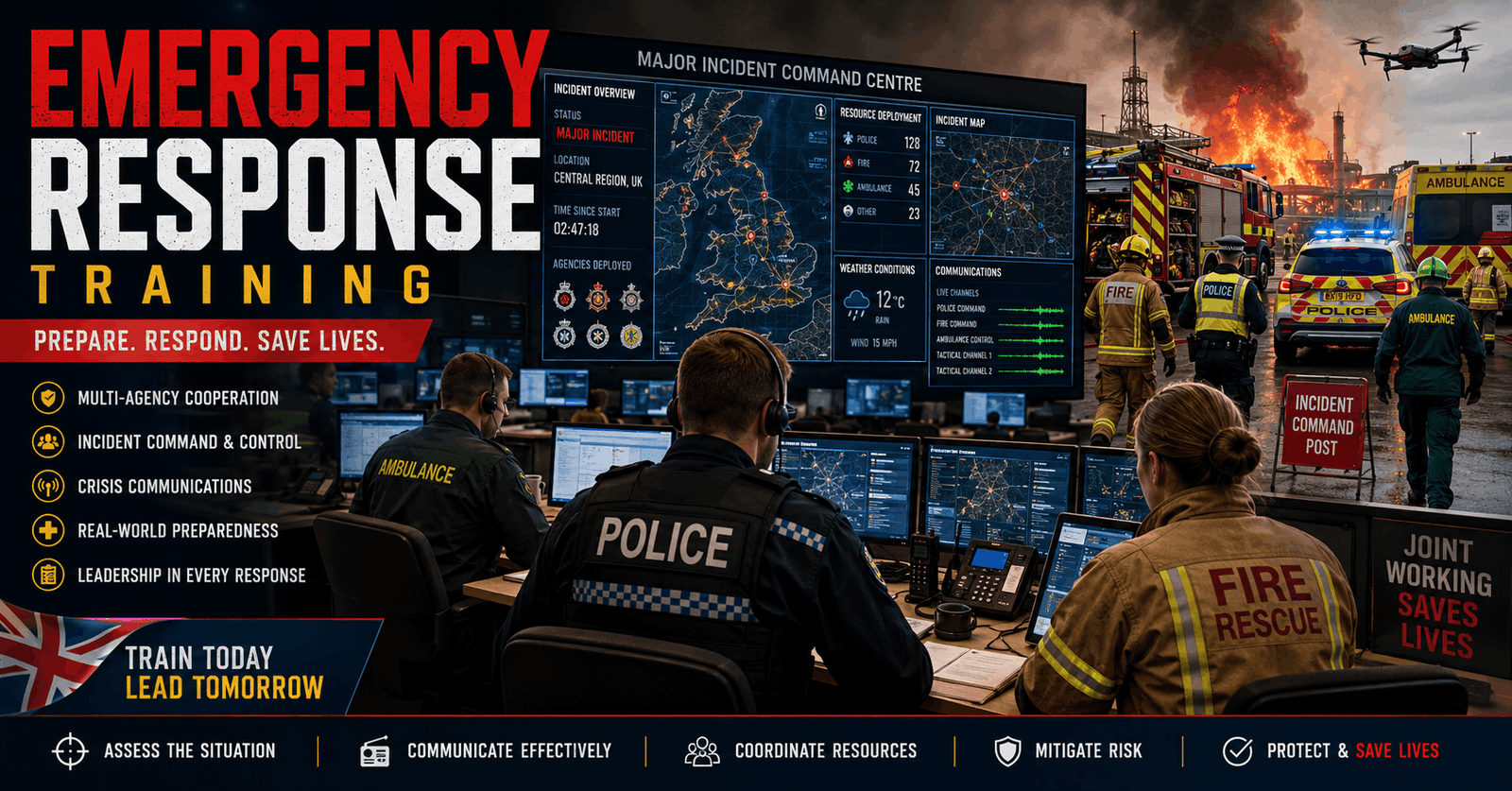 Emergency Response Training showing crisis command center, emergency teams, coordination, and disaster response operations
