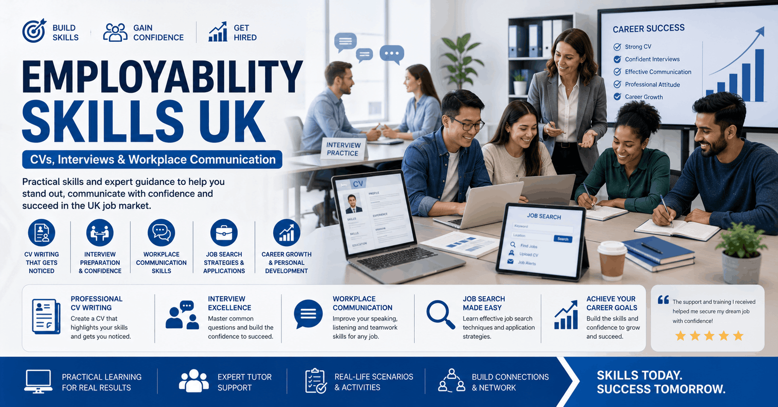 Employability Skills UK course banner showing CV writing, interviews, and workplace communication skills training