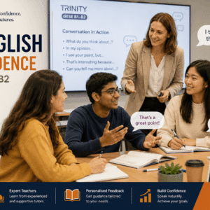 Students practicing english speaking skills in Trinity GESE B1 B2 speaking and listening discussion classroom setting