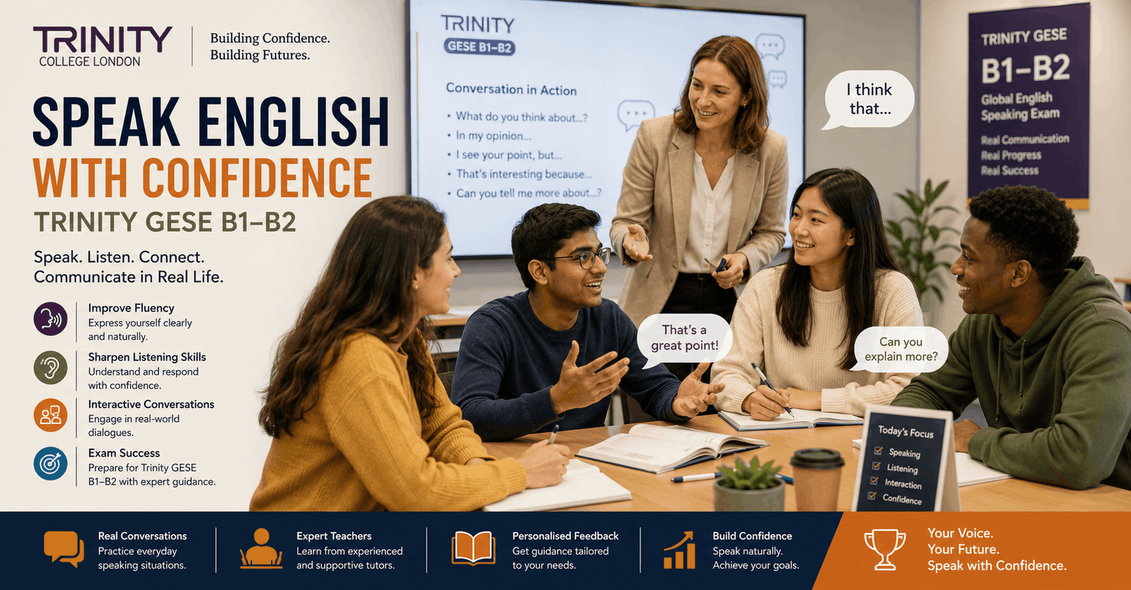Students practicing english speaking skills in Trinity GESE B1 B2 speaking and listening discussion classroom setting