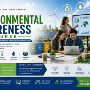 Learners studying sustainability in Environmental Awareness Course with renewable energy recycling and eco-friendly practices