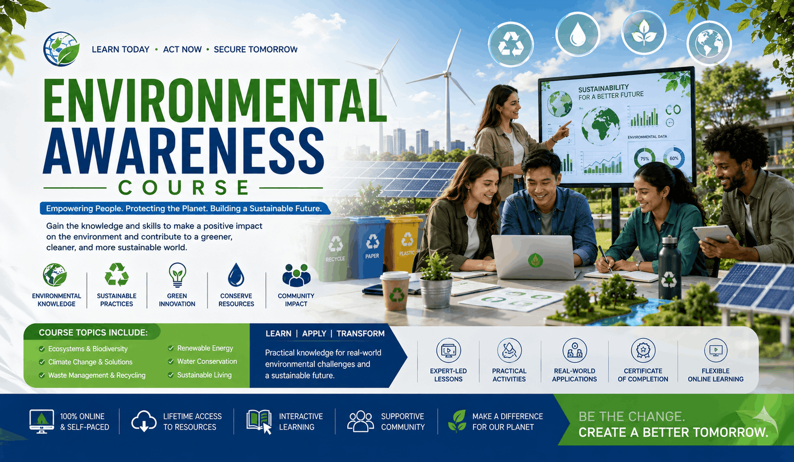 Learners studying sustainability in Environmental Awareness Course with renewable energy recycling and eco-friendly practices