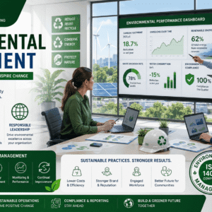 Environmental management training showing team reviewing sustainability charts, recycling systems and environmental compliance reports