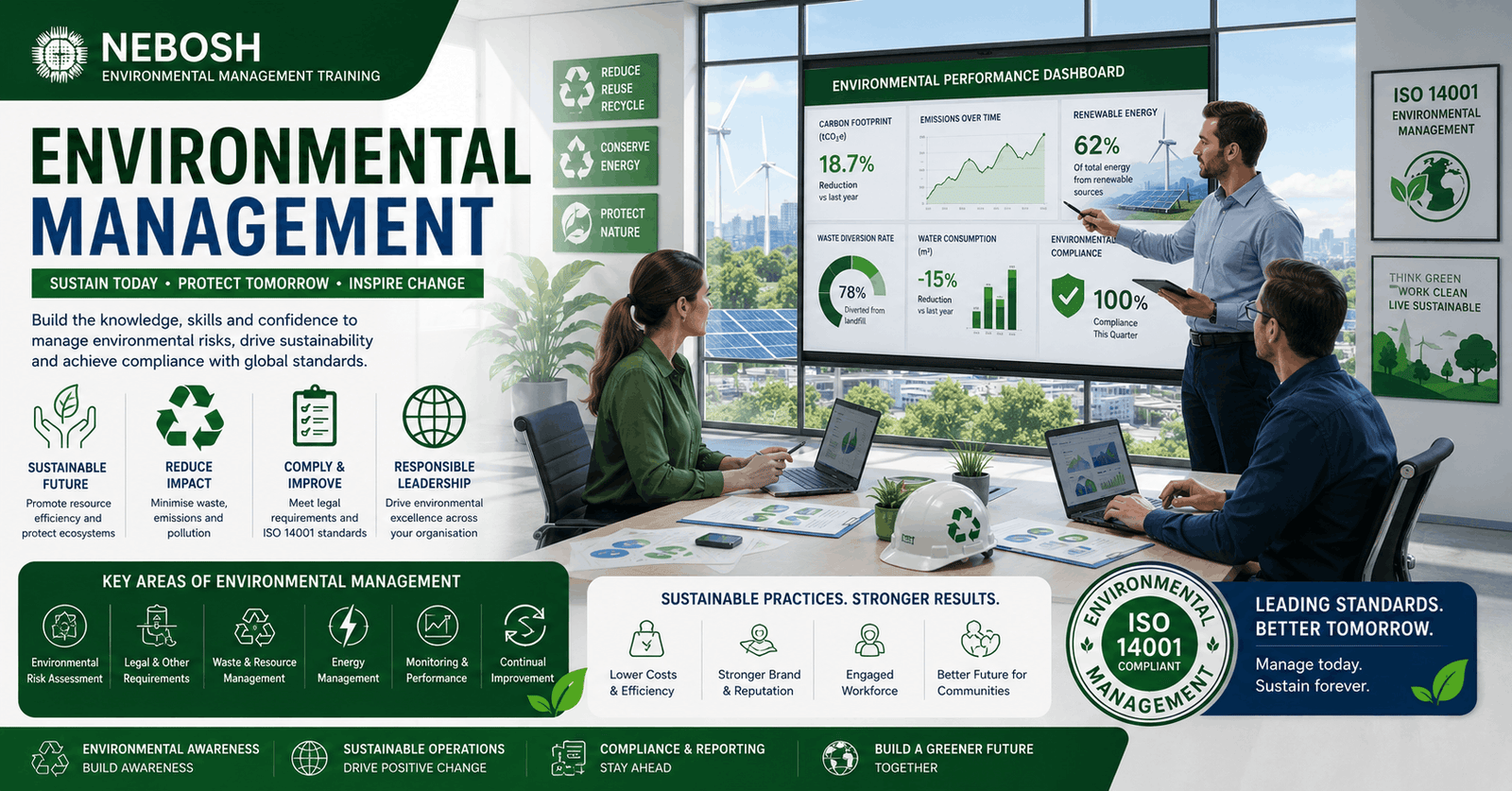 Environmental management training showing team reviewing sustainability charts, recycling systems and environmental compliance reports