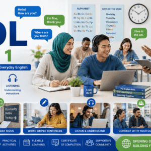 Beginner learners studying everyday English in ESOL Entry 1 course with speaking listening reading and writing activities