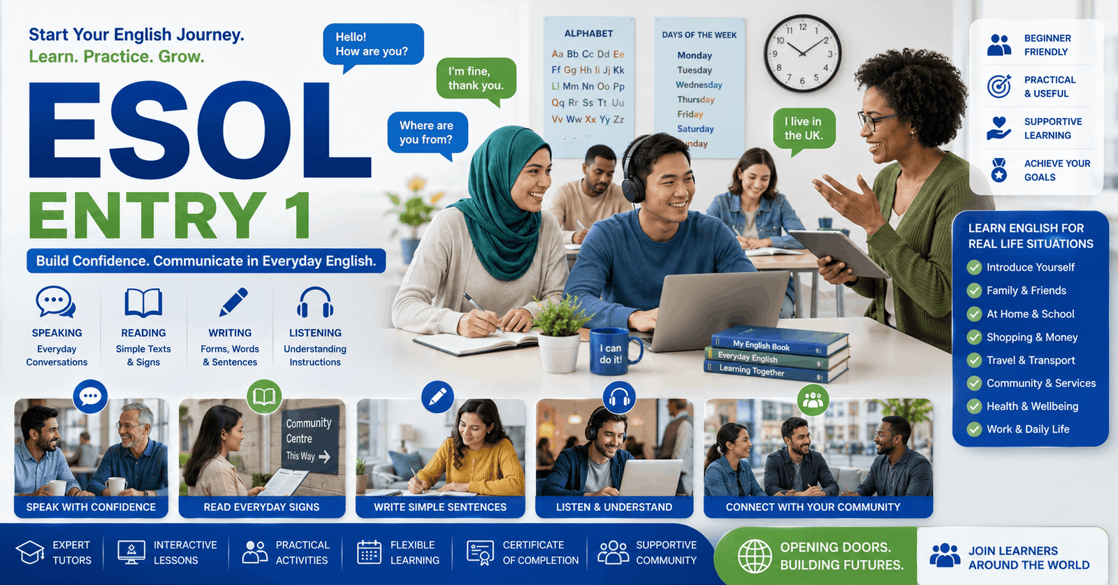 Beginner learners studying everyday English in ESOL Entry 1 course with speaking listening reading and writing activities