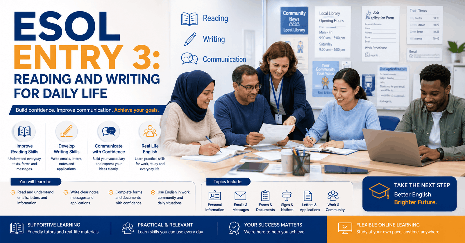 Adult learners developing literacy skills in an ESOL Entry 3 reading and writing classroom environment