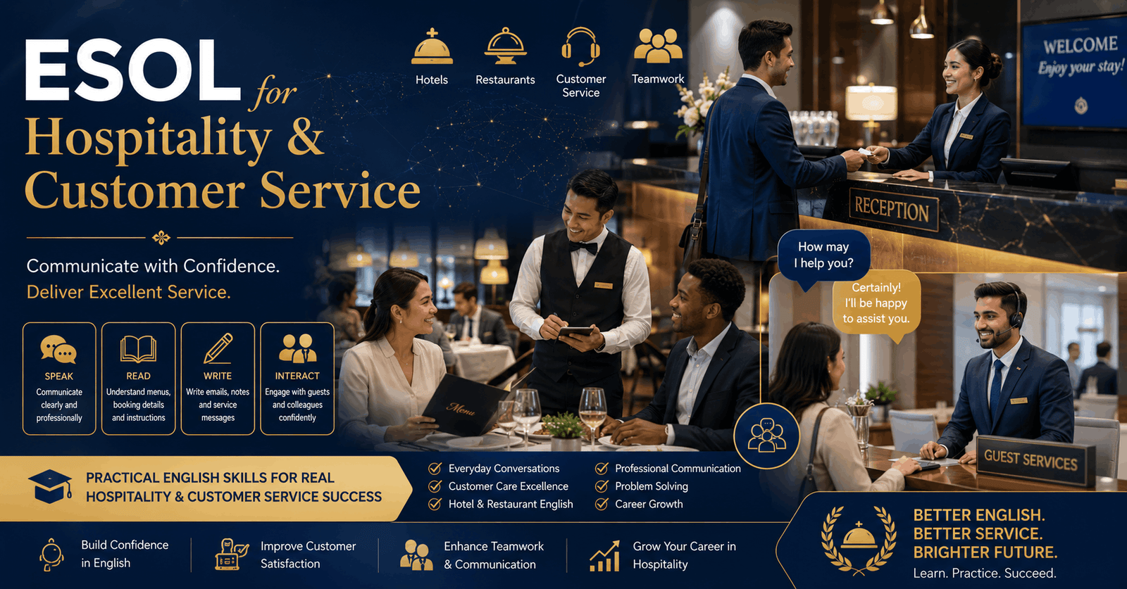 Hospitality staff improving workplace communication in an ESOL hospitality course for customer service and guest interaction