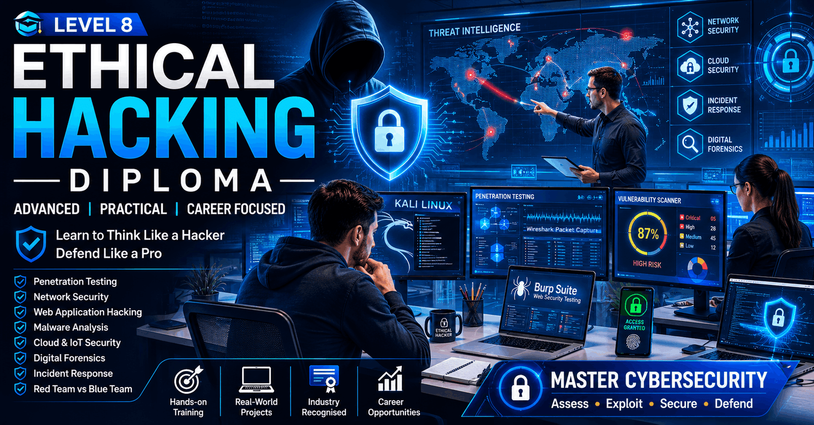 Cybersecurity professionals performing penetration testing in an Ethical Hacking Diploma Level 8 training environment