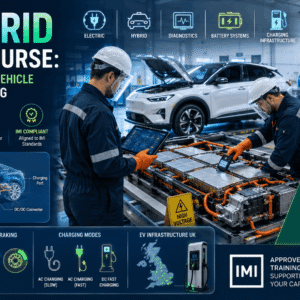 Electric vehicle workshop showing EV battery systems, charging, diagnostics, and safety training for EV Hybrid Vehicle Course