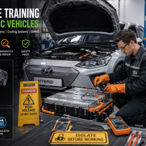 EV maintenance training showing technician working on hybrid electric vehicle battery and diagnostic systems safely