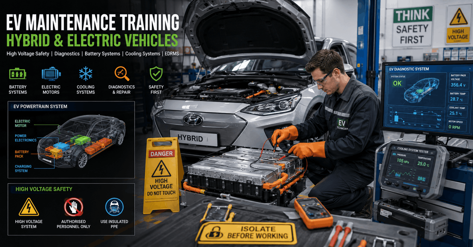EV maintenance training showing technician working on hybrid electric vehicle battery and diagnostic systems safely