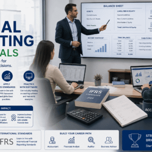 Financial accounting fundamentals showing students preparing financial statements, ledgers and accounting reports in classroom