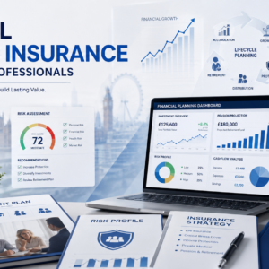 Professional training banner showing financial planning, insurance advice, client planning tools, and regulatory compliance concepts