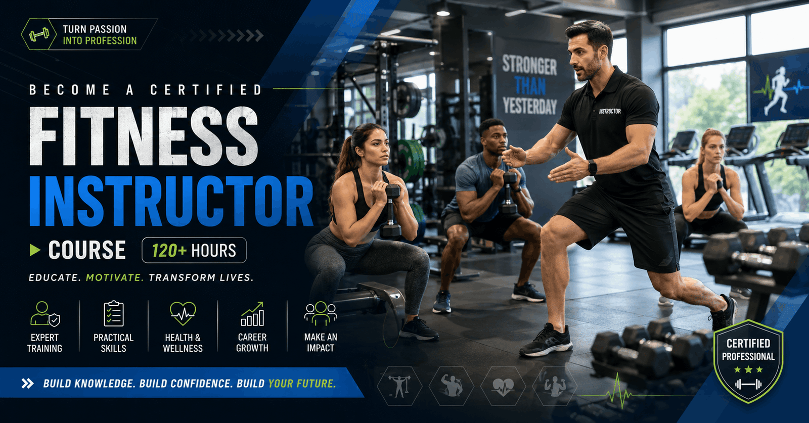 Fitness Instructor Course showing a gym trainer guiding clients through safe exercise and strength training sessions