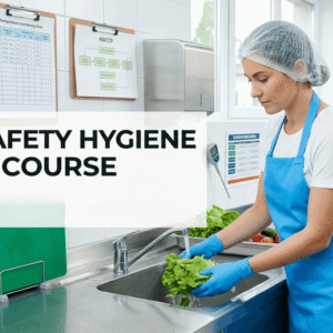 Food Safety Hygiene Level 2 training showing kitchen hygiene, food handling safety, and HACCP compliance in professional kitchen environment