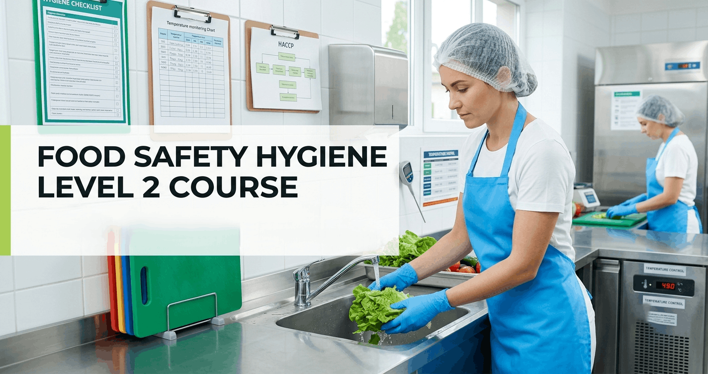 Food Safety Hygiene Level 2 training showing kitchen hygiene, food handling safety, and HACCP compliance in professional kitchen environment
