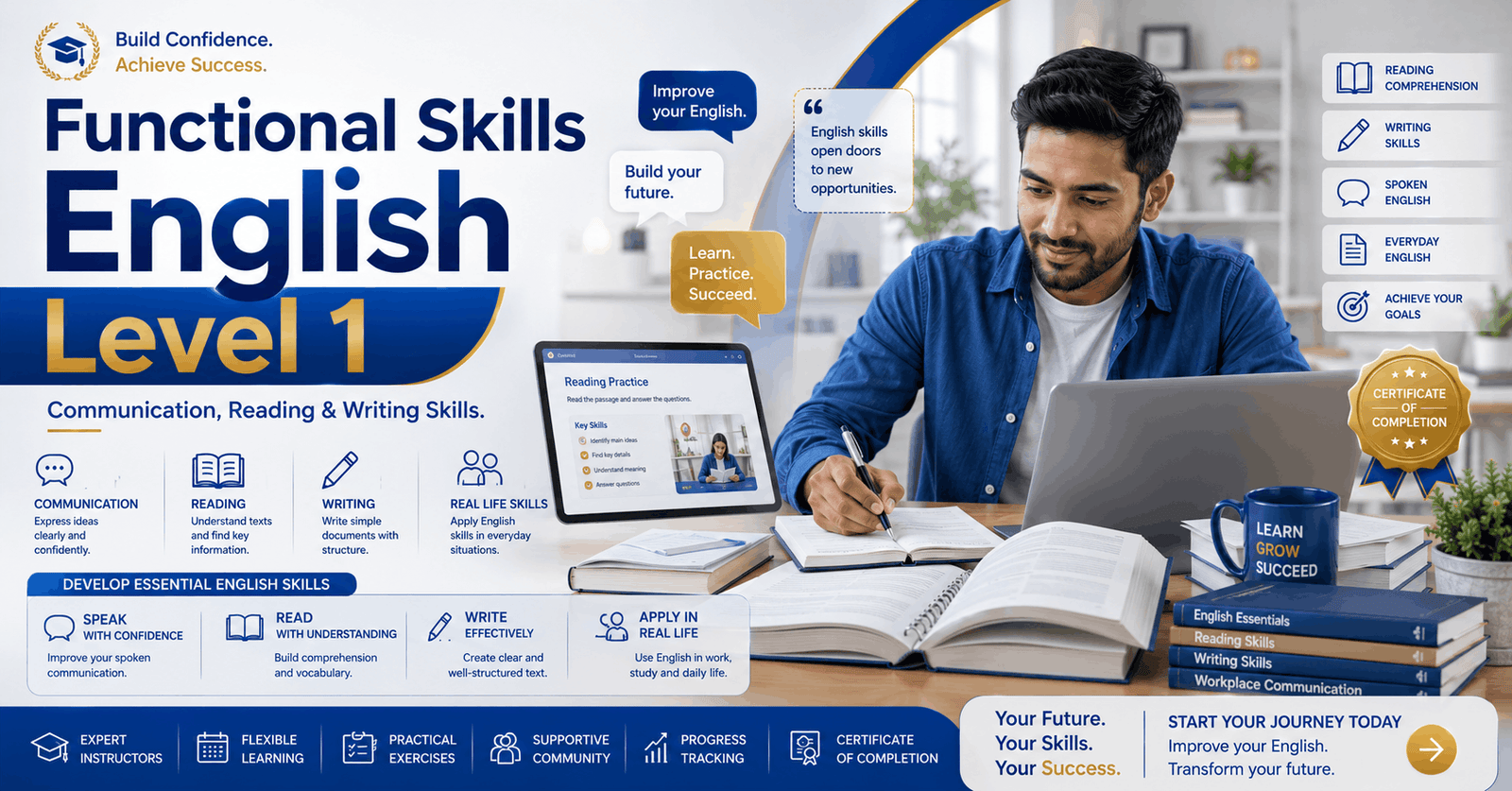 Functional Skills English Level 1 course banner showing reading, writing and communication skills learning