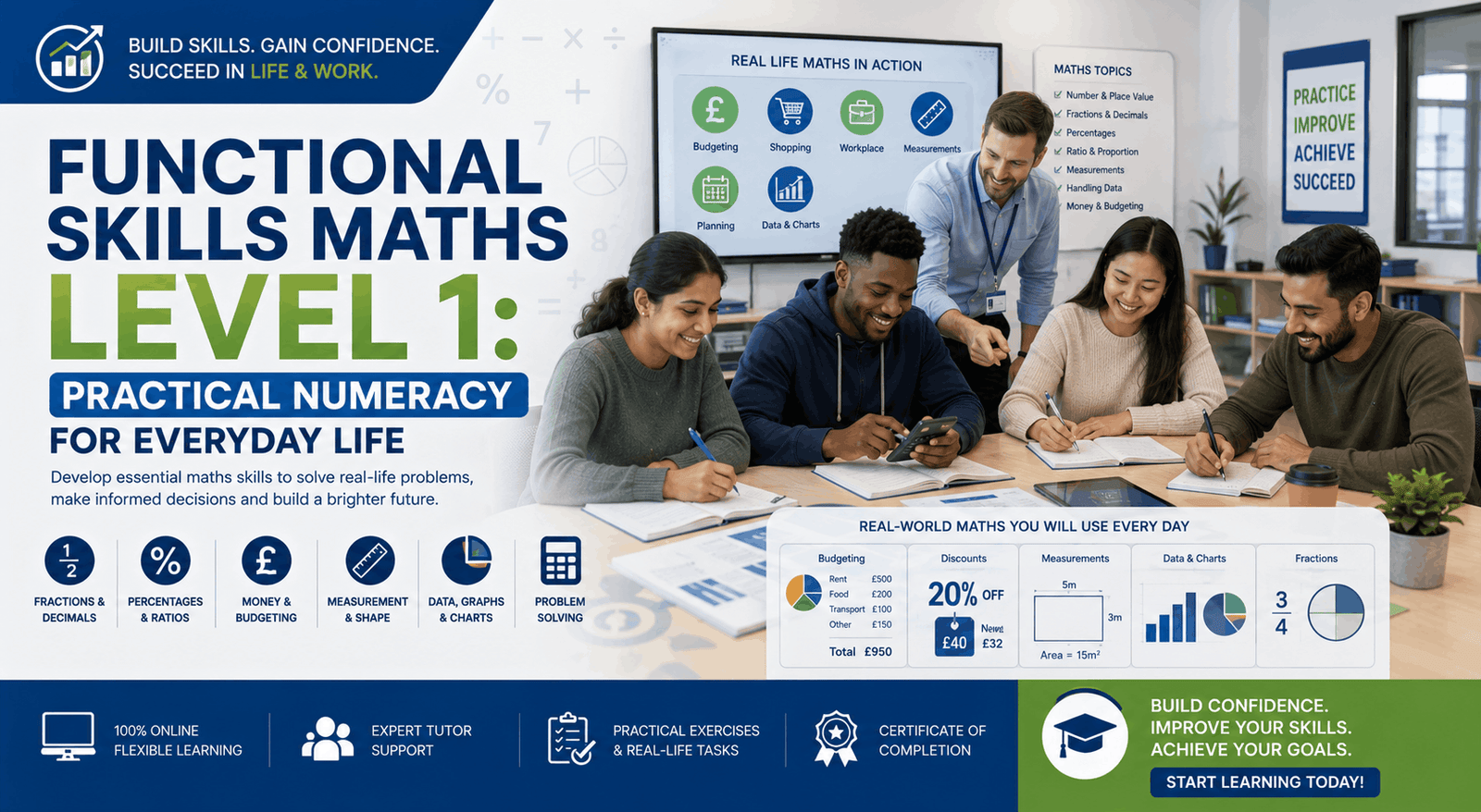Adult learners improving practical numeracy skills in a Functional Skills Maths Level 1 learning environment