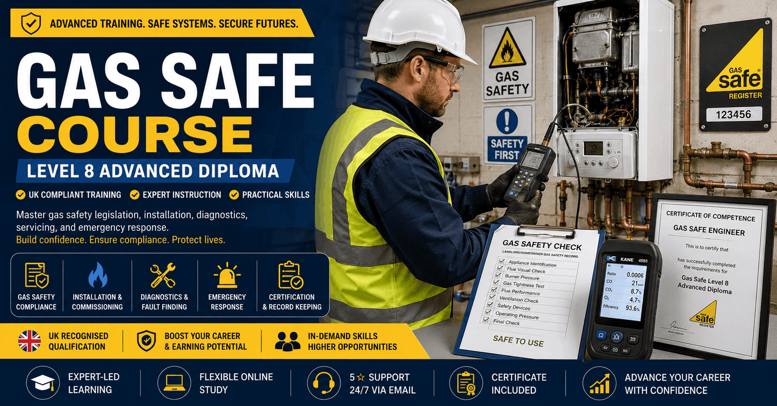 Professional gas engineer inspection banner for Gas Safe Course Level 8 Advanced Diploma