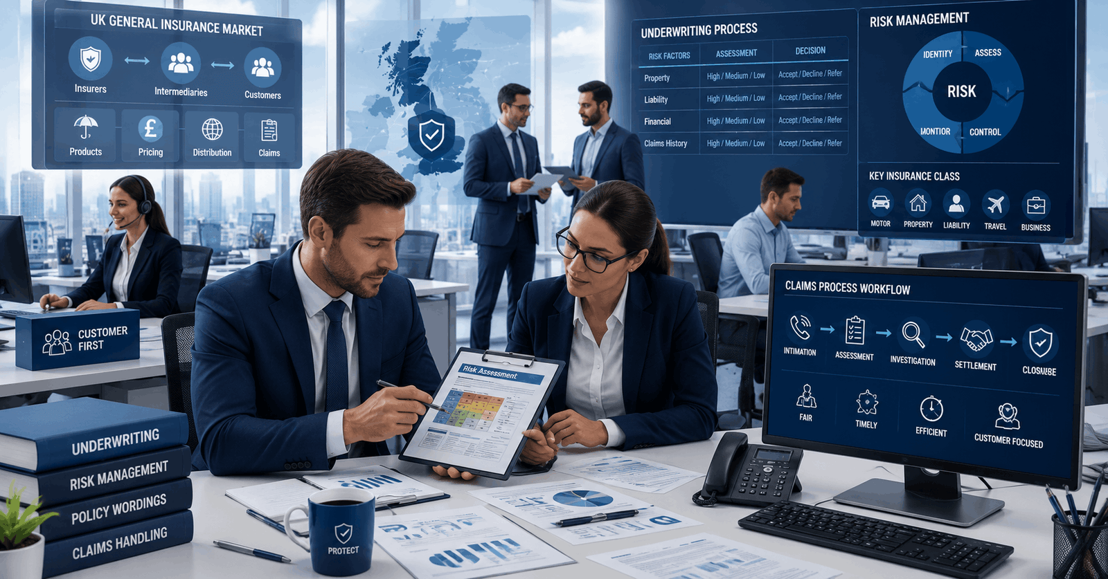 General insurance CII IF2 course showing underwriting, claims process, risk charts and UK insurance market structure visuals