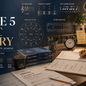 Student studying Grade 5 Music Theory with notes, chords, and mock exam practice sheets for ABRSM preparation