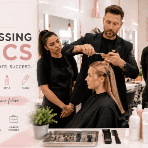 Hairdressing basics training showing salon tools, stylist working on hair cutting and barbering in professional environment