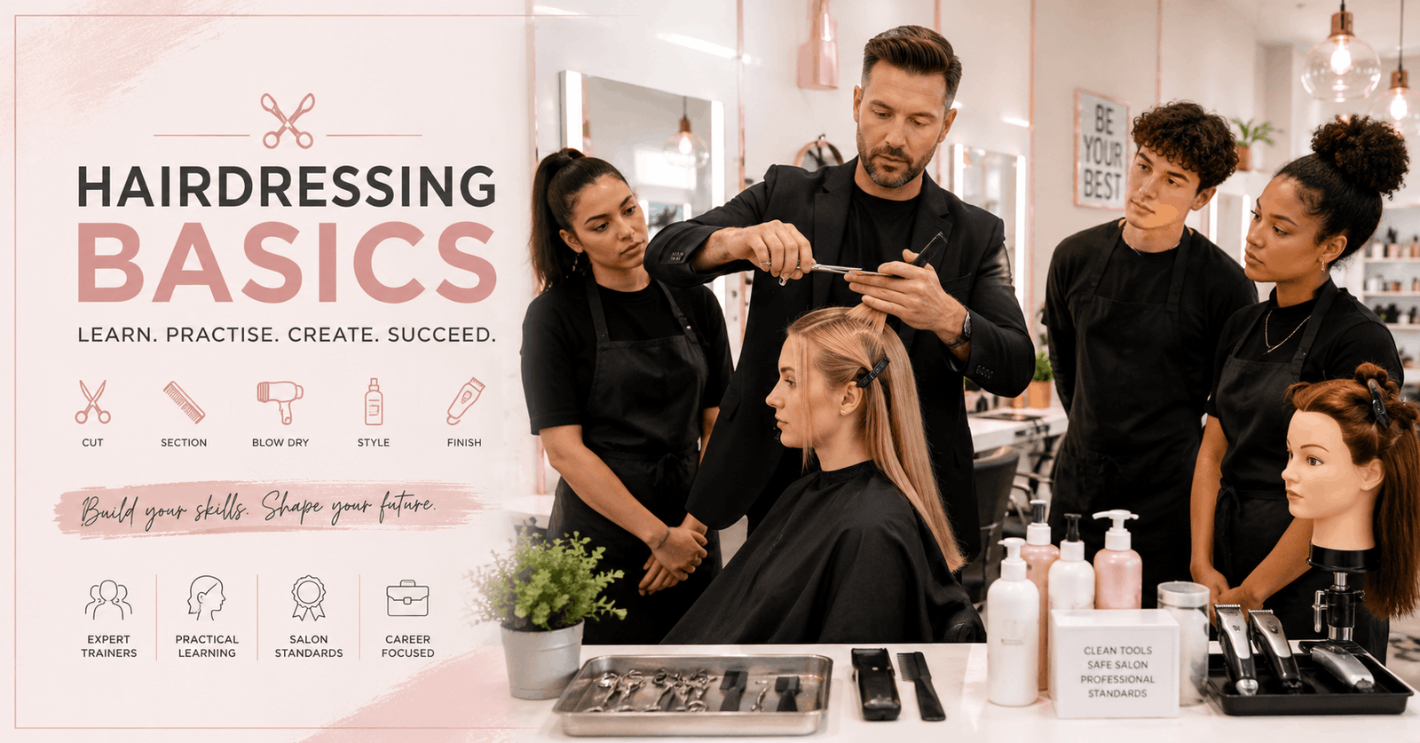 Hairdressing basics training showing salon tools, stylist working on hair cutting and barbering in professional environment