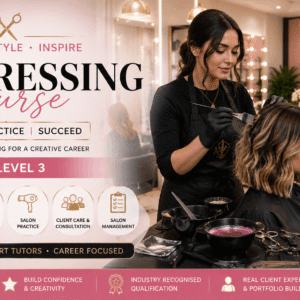 Hair stylist working on client hair colouring and styling during Hairdressing Course salon training session