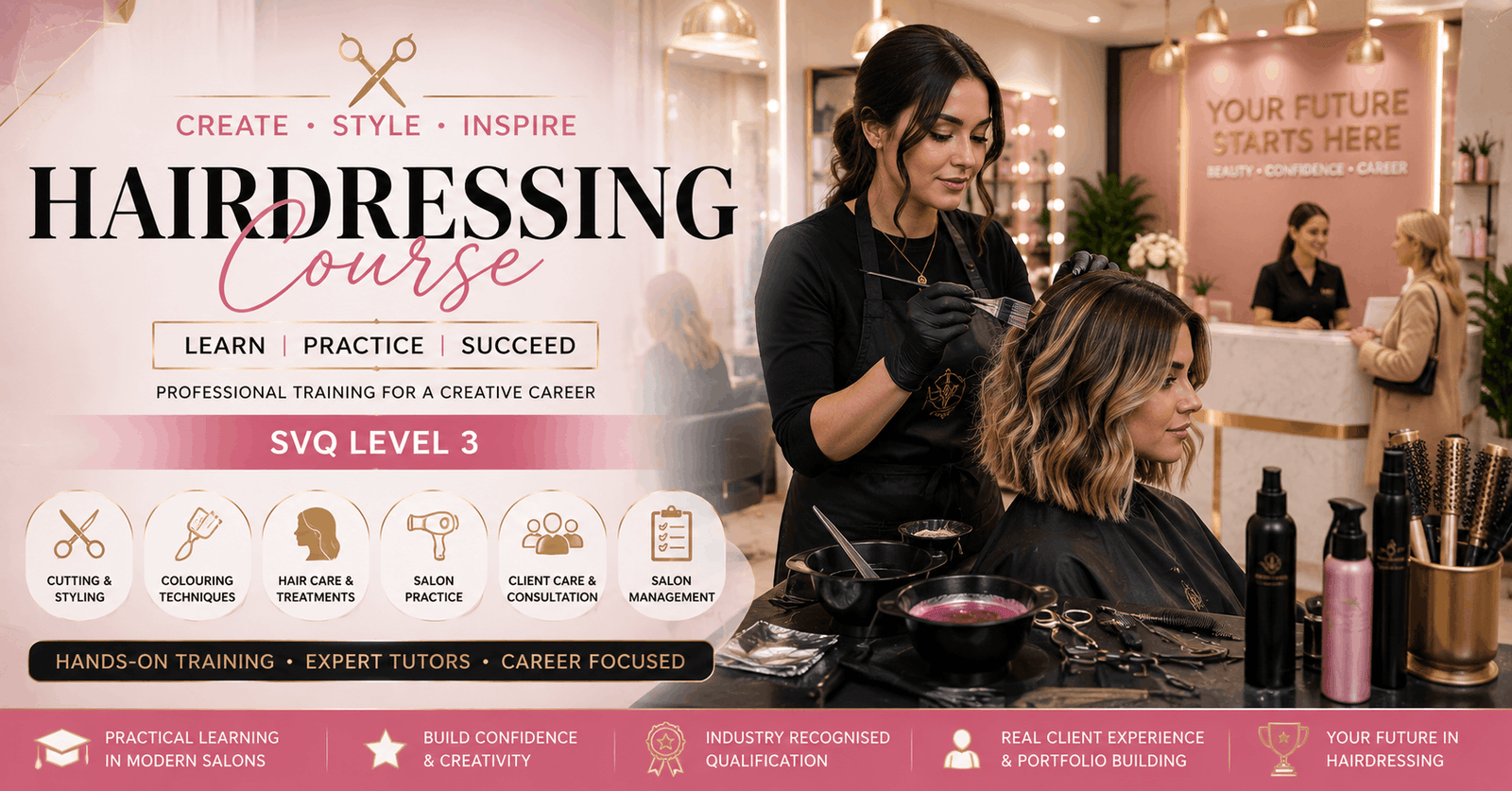 Hair stylist working on client hair colouring and styling during Hairdressing Course salon training session