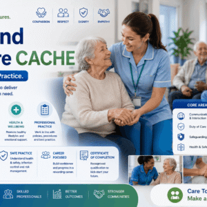 Health and Social Care CACHE course showing care workers supporting patients in a professional healthcare environment
