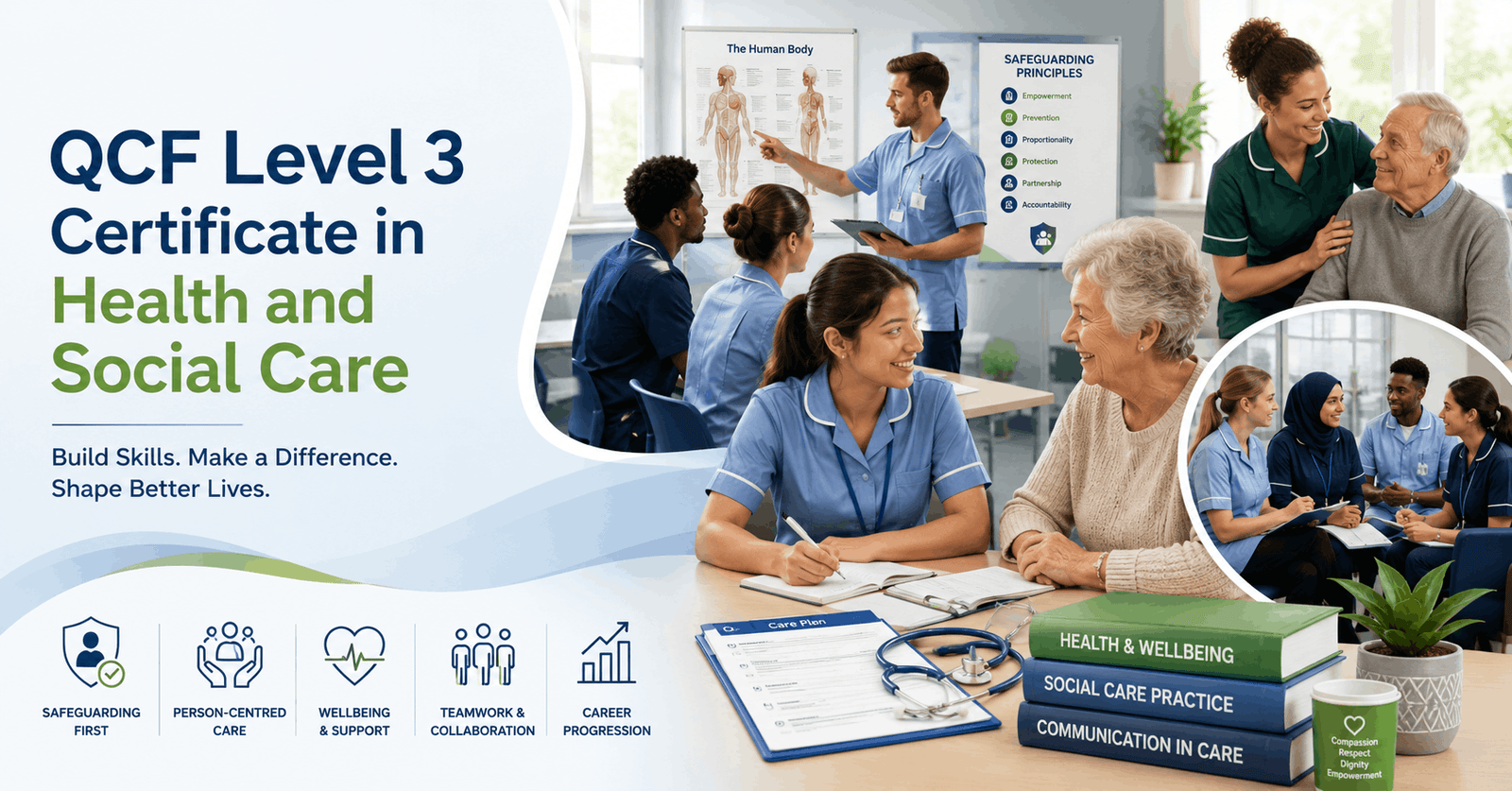 Students learning care practices in Health and Social Care course with healthcare professionals in training environment