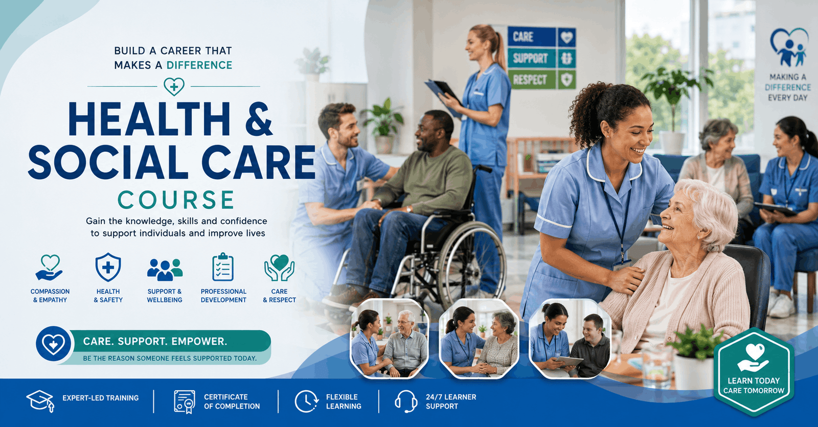 Health and Social Care Course showing care professionals supporting patients in a safe and compassionate care setting