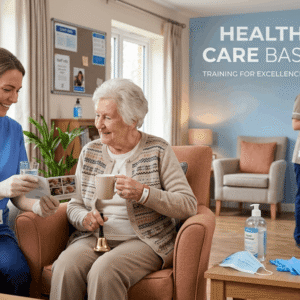 Health and social care basics training showing support worker helping patient in care home with professional and compassionate care setting