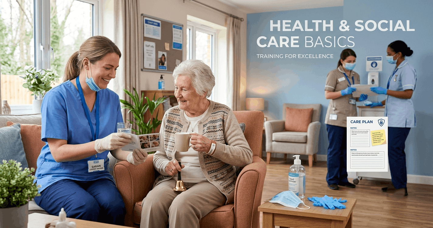 Health and social care basics training showing support worker helping patient in care home with professional and compassionate care setting