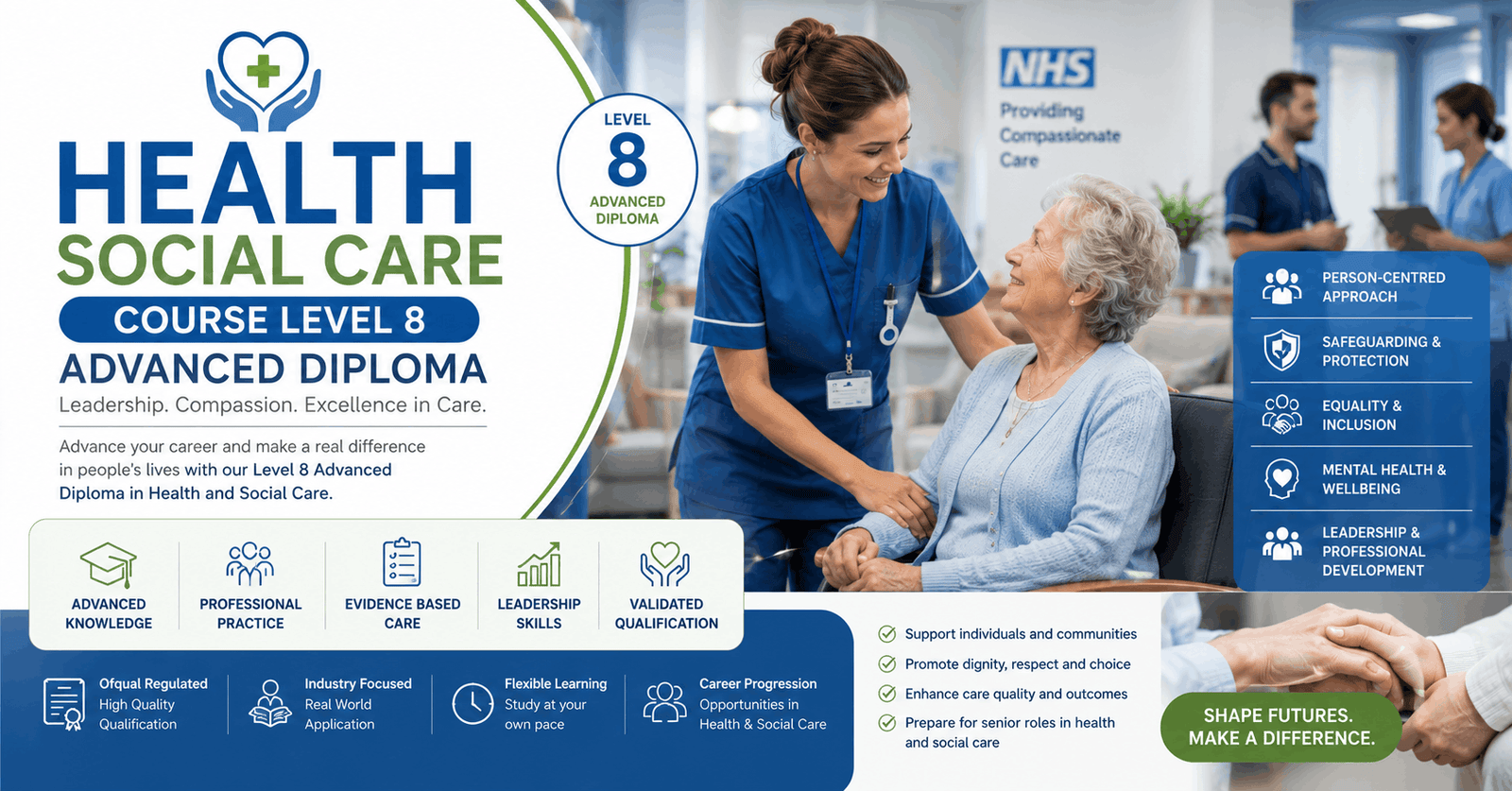 Healthcare professional supporting patient in care setting during Health Social Care Course Level 8 Advanced Diploma training